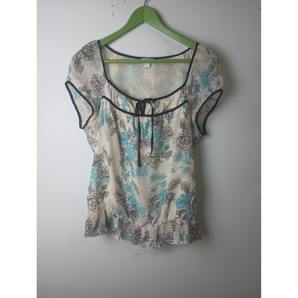 Apt. 9 Floral Chiffon Baby Doll Top Blue Cream Y2K Fairy Smocked Hem Large